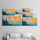 Lighthouse Sunset, coastal painting, nautical wall art, seascape painting, lighthouse art, framed canvas print, panoramic art