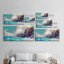 Rocky Cliff Beach, coastal landscape art, framed canvas print, seascape painting, nautical decor, extra wide art, above couch art