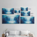 Majestic Waterfall, moody art, blue and green wall art, landscape painting, wabi sabi art, Framed Canvas Print, nature inspired art