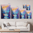 Vibrant Mountain Bridge, pink orange wall art, forest at dusk painting, landscape painting, above bed wall art, Canvas Print