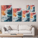 Fiery Ocean Wave, pink orange wall art, coastal landscape art, teal wall art, moody art, ocean abstract art, Framed Canvas Print