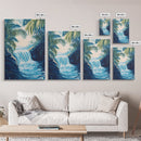 Jungle Waterfall View, tropical landscape painting, botanical prints, blue and green wall art, canvas print, extra wide art