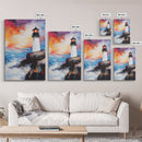 Lighthouse, Ocean, Sunset, Framed Canvas Print, coastal wall art, seascape painting, nautical painting, original painting, rustic decor