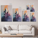 mountain painting, moody art, blue and green wall art, modern landscape painting, art nouveau print, Framed Canvas Print, minimalist art