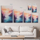 coastal decor, mountain painting, pink orange wall art, sunrise painting, landscape painting, Framed Canvas Print, abstract wall art