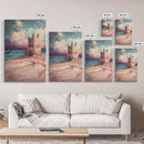 Fantasy Castle Framed Canvas Print Dreamy Coastal Art, Whimsical Beach Painting, Living Room Wall Decor, Pastel Ocean Landscape