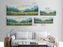 Mountain Lake Meadow Painting, Serene Nature Landscape, Cozy Cabin Art, Blue and Green Rustic Bedroom Wall Decor, Framed Canvas Print