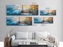 Rustic Wooden Swing by the Ocean, Serene Beach Wall Art, Tranquil Coastal Decor, Dreamy Blue and Gold Painting, Bedroom Artwork