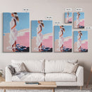 Woman in White, Summer Art, Elegant Coastal Decor, Framed Canvas Print, Beach Painting, Modern Boho Wall Art, Bedroom Wall Art