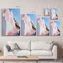 Mediterranean Steps, Coastal Wall Art, Santorini Print, Blue and Pink Decor, Travel Painting, Framed Canvas Print, Living Room Art