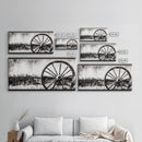 Wagon Wheel, Mountain Landscape, Black and White Western Art, Rustic Home Decor, Framed Canvas Print, Farmhouse Living Room Art