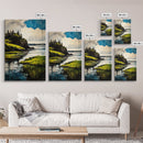 Lake Serenity, Peaceful Waters, Scenic Landscape, Nature Wall Art, Vibrant Green and Blue, Framed Canvas Print, Relaxing Home Decor