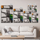 Geometric Abstract, Black and White with Green and Yellow Accents, Modern Minimalist Wall Art, Framed Canvas Print, Office or Loft Decor