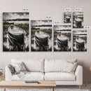 Canoe on Water, Lakeside Reflection, Framed Canvas Print, Nature Art, Cabin Wall Decor, Black and White Landscape, Serene Home Accent