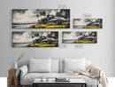 Tropical Beach House, Coastal Landscape Painting, Black and White Palm Tree Print, Island Wall Decor, Relaxing Canvas Print, Framed Canvas Print