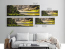 Lakeside Sunset Painting, Cabin Wall Art, Serene Landscape Print, Nature Inspired Home Decor, Golden Tones, Framed Canvas Print