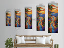 Sunset, Palms, Cactus, Stream - Framed Canvas Print, Tropical Desert Wall Art, Southwest Coastal Decor, Colorful Living Room Boho Painting
