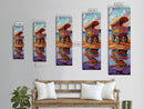 Wagon Reflection, Beach Vibrant, Framed Canvas Print, Colorful bohemian coastal art, living room decor, whimsical wall painting