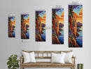 Sunset Cliffside, Ocean Tropical, Framed Canvas Print, Bold rocky coastline painting, tropical wall art, den or office decor piece