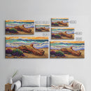 Coastal Driftwood, Waves, Sunset, Framed Canvas Print, ocean beach decor, colorful seascape, tropical wall art, living room wall art