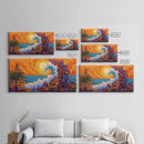 Ocean Wave, Sunset, Lighthouse, Framed Canvas Print vibrant coastal art, whimsical seascape painting, tropical decor, beach wall art