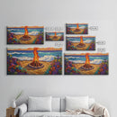 Fire Beach, Ocean, Framed Canvas Print, Sunset Beach Bonfire Painting, Vibrant Coastal Campfire Wall Art, Boho Living Room Decor