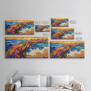 Feathers, Ocean, Sunset, Vibes, Framed Canvas Print, Bold beach decor, coastal boho wall art, tropical living room statement piece