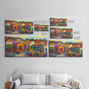 Colorful Adobe Homes, Desert Village Scene, Southwest Art Style, Canvas Print, Boho Wall Decor, Vibrant Courtyard Painting