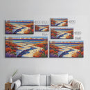 Winter River, Snow, Colorful, Framed Canvas Print, Winter Wonderland Art, Vibrant Seasonal Landscape, Cozy Cabin Wall Decor