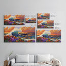 Ocean Wave, Flowers, Sunset, Framed Canvas Print, tropical seascape wall art, boho coastal decor, bathroomart, beach house piece
