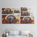 Rustic Floral, Window, Art, Framed Canvas, Print Mexican flower wagon wheel wall art, vibrant southwestern decor, boho patio print
