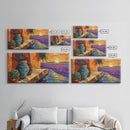 Sunset Terracotta, Patio, Art, Framed Canvas Print, Colorful Mexican pottery scene, vibrant tropical wall art, boho entryway decor