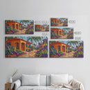 Villa, Palm Trees, Pathway, Lush Garden, warm tropical Canvas Print, boho patio decor, summer bungalow living room wall art