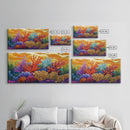 Reef Sunset, Underwater, Framed Canvas Print, Vibrant coral reef with tropical plants, sunset sky, Beachy decor, Bathroom Wall Art
