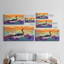 Ocean Bird, Sunset, Framed Canvas Print, Vibrant seabird in waves sunset seascape painting, Colorful Coastal Decor, Bathroom Wall Art