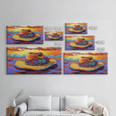 Hat Floral, Sunset, Framed Canvas Print, Boho straw hat with flowers on beach at sunset, Whimsical Summer Art, Entryway Wall Art
