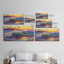Waves Surf, Sunset, Framed Canvas Print, Colorful crashing wave with glowing sunset sky, Coastal Surfer Decor, Beach House Wall Art