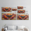 Crab Colorful, Beach, Framed Canvas Print, Brightly painted crab on sand, Ocean Kitchen Decor, Playful Beach Art, Coastal Wall Art
