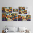 Villa Garden, Palms, Path, Framed Canvas Print, tropical courtyard scene, Mediterranean decor, living room wall art, villa painting