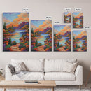 Lake Sunset, Mountains, Cabin, Framed Canvas Print, Serene mountain lake at sunset with cozy cabins, peaceful autumn living room wall art