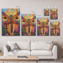 Dragonfly Floral, Bold, Nature, Framed Canvas Print, Boho dragonfly wall art, vivid nature insect painting, Bathroom or Entryway Art