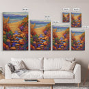 Path Ocean, Flowers, Shoreline, Framed Canvas Print, Bright coastal landscape, colorful wildflower path, Bathroom or Entryway Wall Art