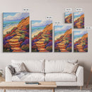 Ocean Trail, Bloom, Cliffside, Framed Canvas Print, Vibrant beach path painting, floral coastal art, boho landscape wall décor