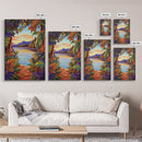 Tropical Lake, Sunset, Leaves, Canvas Print colorful tropical art, jungle boho decor, vibrant beach house wall art, exotic nature room print