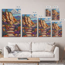 Rocky Pathway, Flowers, Framed Canvas Print, Vibrant Desert Trail Art, Colorful Landscape Wall Decor, Boho Living Room Wall Art