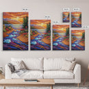Icebergs River, Sunset, Autumn, Framed Canvas Print colorful autumn iceberg painting, vibrant sunset water flow, fall landscape wall art
