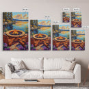 Firepit Chairs, Lake, Sunset, Framed Canvas Print, outdoor patio wall decor, rustic lakeside art, cozy fall cabin retreat artwork