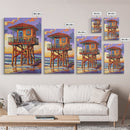 Lifeguard Ocean, Surf, Sunset, Framed Canvas Print, Vibrant Lifeguard Tower Canvas, Surf Shack Painting, Beach Wall Art, Living Room Accent
