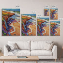 Waterfall Beach, Sunset, Coastal Landscape Framed Canvas Print, Colorful Ocean Wall Decor, Living Room Coastal Art, Seaside Painting