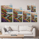 Ocean Cliffs, Wildflowers, Vibrant Coast Framed Canvas Print, Spring Beach Wall Art, Boho Living Room Decor, Bold Coastal Art